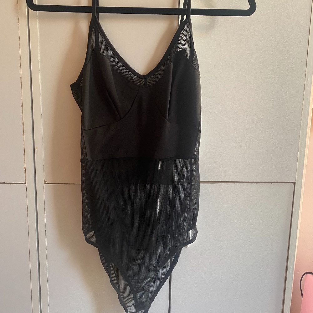 Black satin and mesh body suit